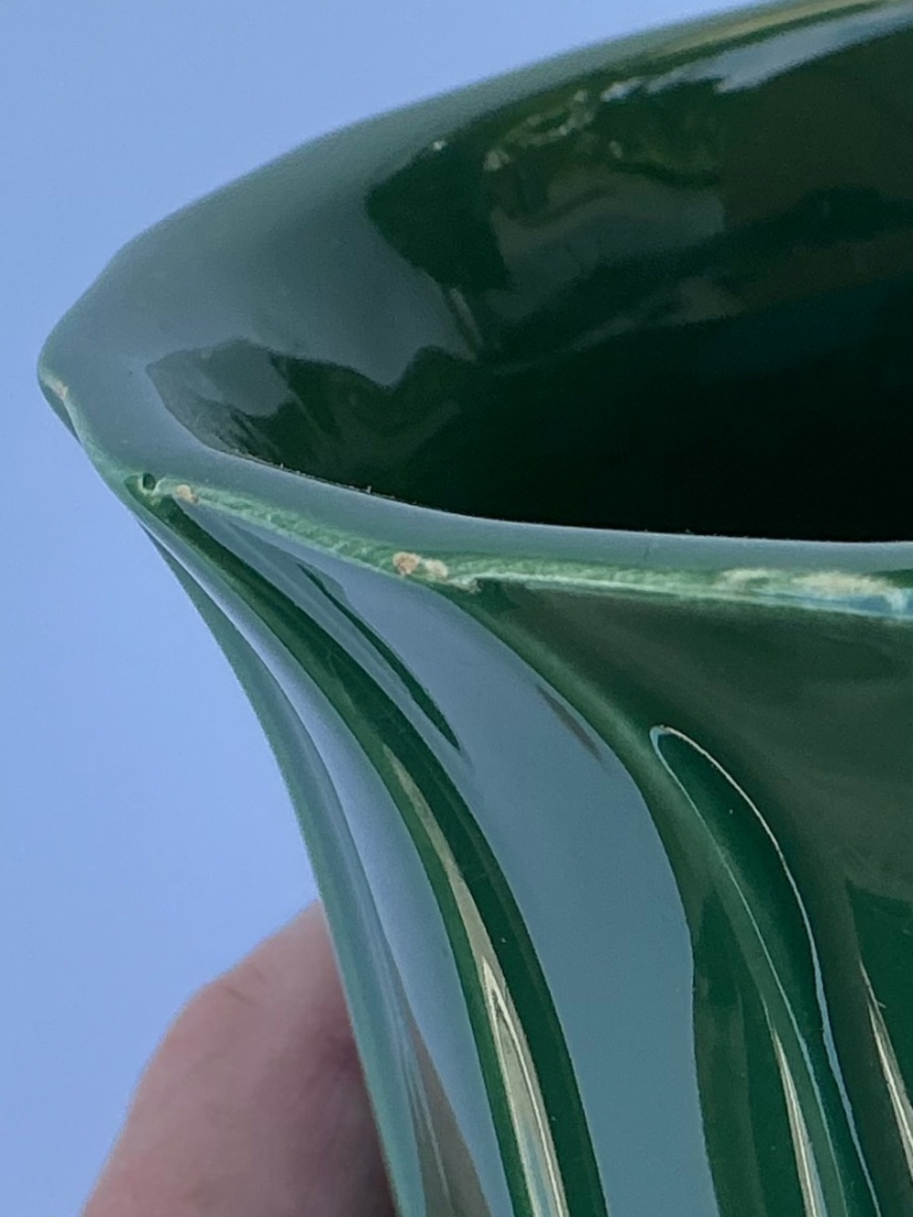 Vintage MCM Green Ribbed Ceramic Planter Flower Pot Attached Saucer - Picture 15 of 16